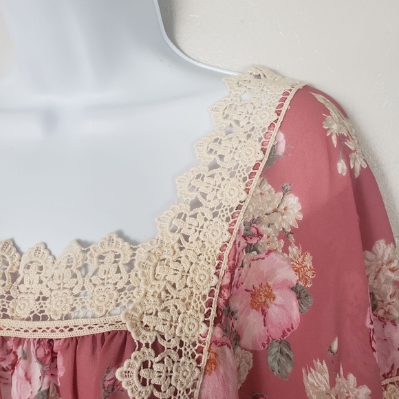 E Anthropologie XS Mauve Pink Floral Short Sleeve Blouse Crochet Lace Nella Top - Picture 6 of 7